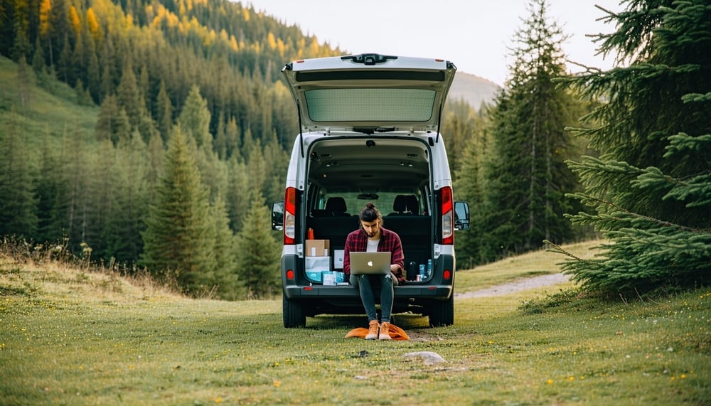 Van parked in nature with a person using a laptop, representing remote tech support